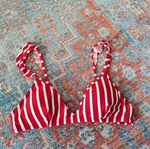 J.Crew Women's  XS Ruffle-Shoulder French Bikini Swim Top Red White Stripe 110